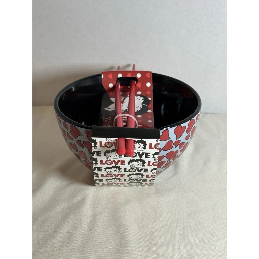 Betty Boop Hearts Ramen Noodle Ceramic Bowl Chopsticks New - Picture 5 of 8
